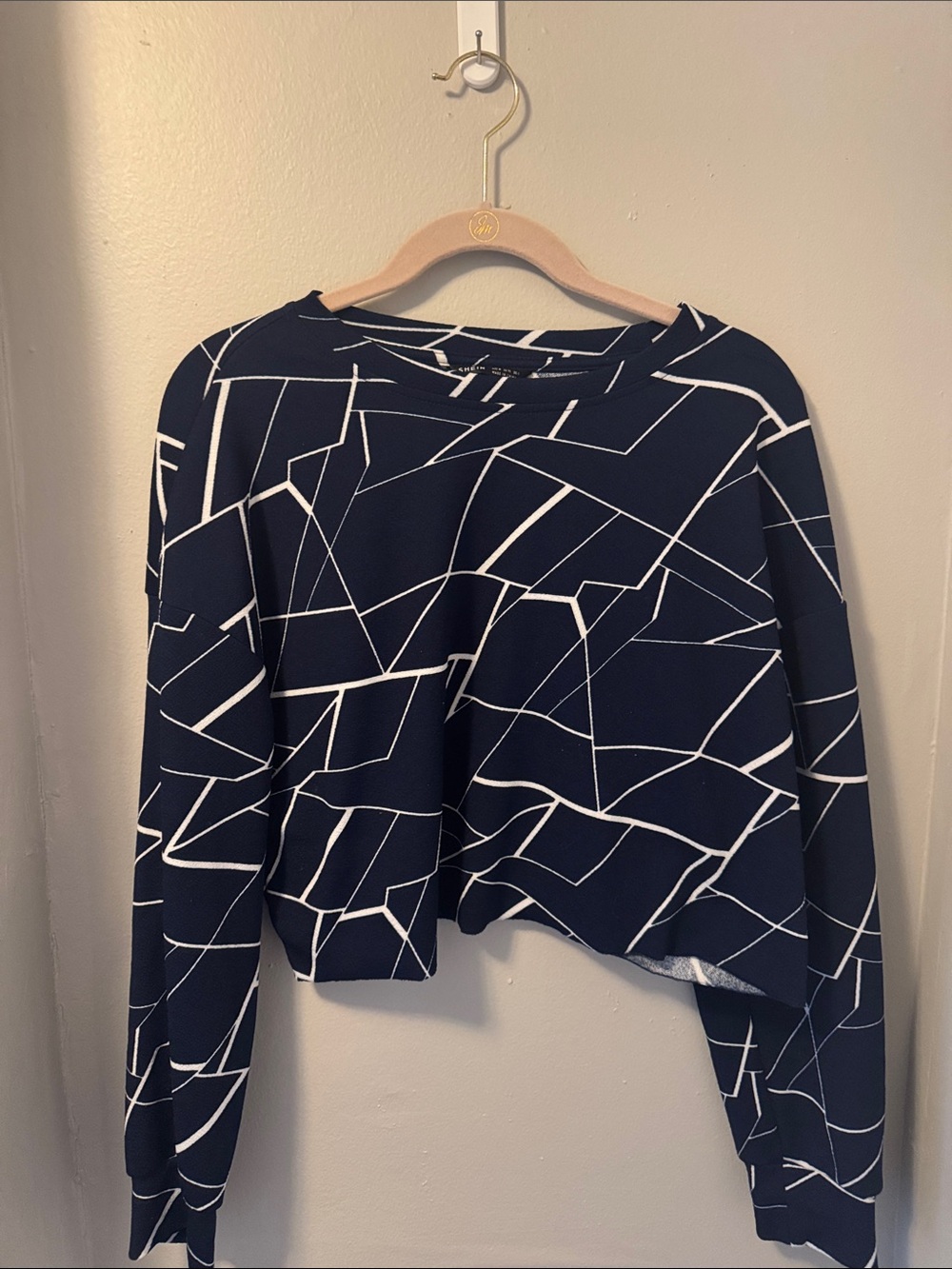 SHEIN Navy Geometric Print Cropped Sweatshirt